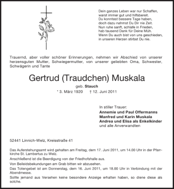Traueranzeige von Gertrud Traudchen Muskala von Aachener Zeitung / Aachener Nachrichten