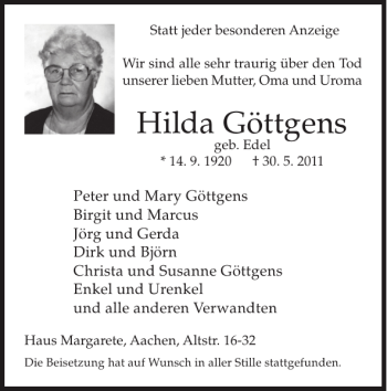 Traueranzeige von Hilda Göttgens von Super Sonntag / Super Mittwoch
