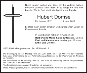 Traueranzeige von Hubert Domsel von Super Sonntag / Super Mittwoch