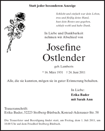 Traueranzeige von Jose? ne Ostlender von Super Sonntag / Super Mittwoch
