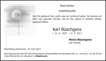 Traueranzeige von Karl Büschgens von Aachener Zeitung / Aachener Nachrichten
