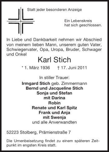 Traueranzeige von Karl Stich von Super Sonntag / Super Mittwoch