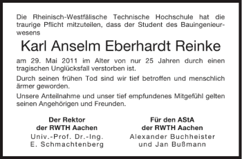 Traueranzeige von Karl Anselm Eberhardt Reinke von Aachener Zeitung / Aachener Nachrichten