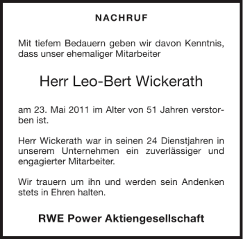 Traueranzeige von Leo-Bert Wickerath von Aachener Zeitung / Aachener Nachrichten