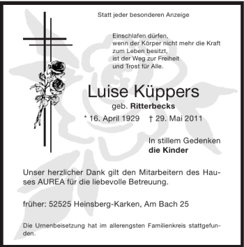 Traueranzeige von Luise Küppers von Super Sonntag / Super Mittwoch