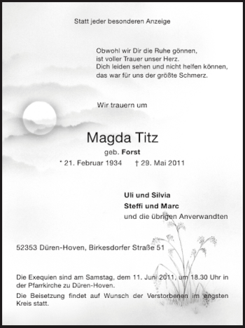 Traueranzeige von Magda Titz von Super Sonntag / Super Mittwoch