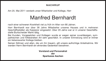 Traueranzeige von Manfred Bernhardt von Aachener Zeitung / Aachener Nachrichten