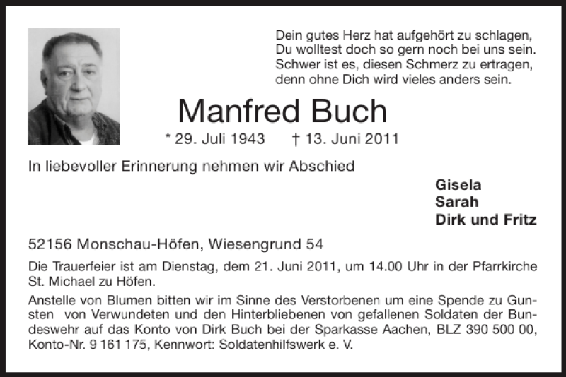  Traueranzeige für Manfred Buch vom 19.06.2011 aus Super Sonntag / Super Mittwoch