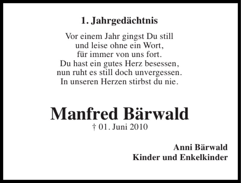  Traueranzeige für Manfred Bärwald vom 01.06.2011 aus Super Sonntag / Super Mittwoch