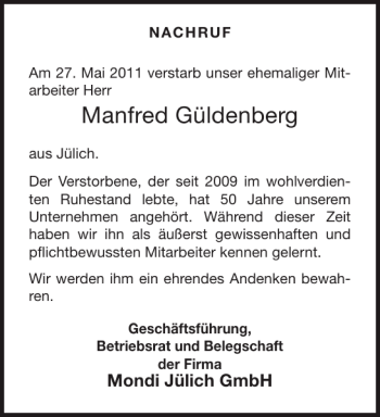 Traueranzeige von Manfred Güldenberg von Aachener Zeitung / Aachener Nachrichten