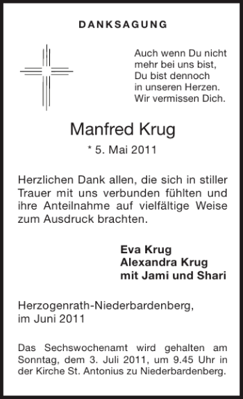 Traueranzeige von Manfred Krug von Super Sonntag / Super Mittwoch