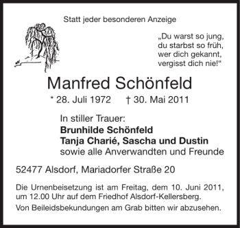 Traueranzeige von Manfred Schönfeld von Super Sonntag / Super Mittwoch