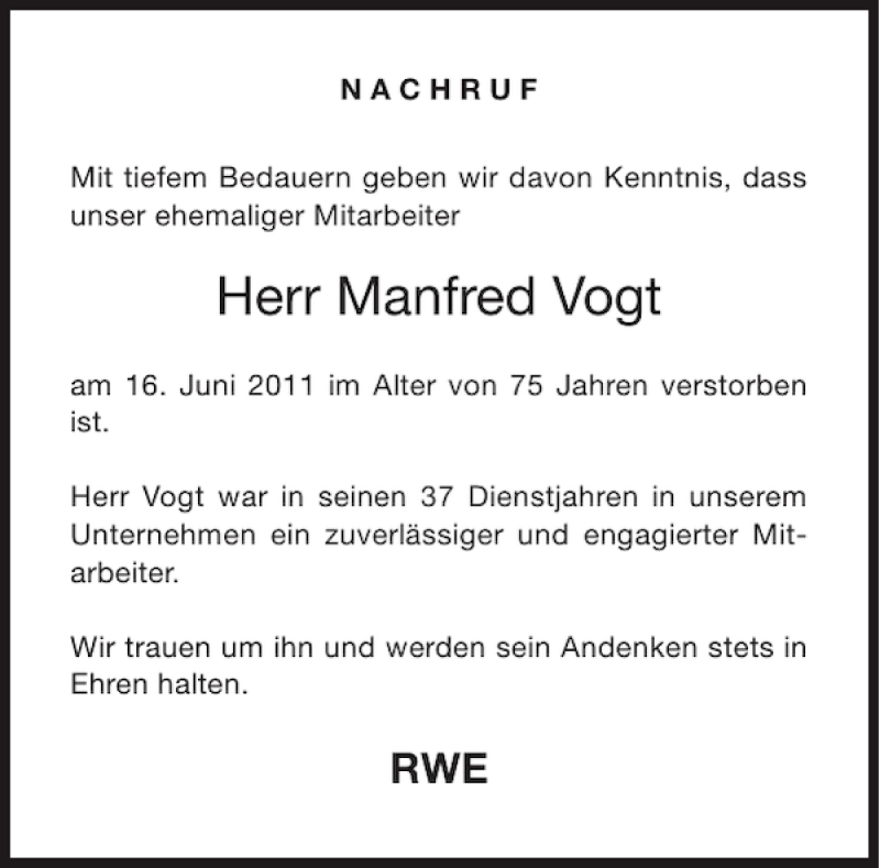  Traueranzeige für Manfred Vogt vom 23.06.2011 aus Aachener Zeitung / Aachener Nachrichten