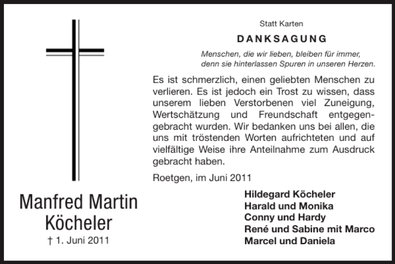 Traueranzeige für Manfred Martin Köcheler vom 26.06.2011 aus Super Sonntag / Super Mittwoch