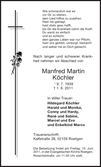 Traueranzeige von Manfred Martin Köchler von Aachener Zeitung / Aachener Nachrichten