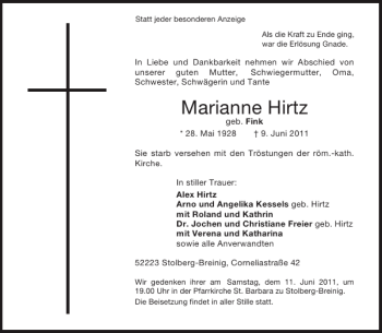 Traueranzeige von Marianne Hirtz von Aachener Zeitung / Aachener Nachrichten