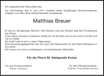 Traueranzeige von Matthias Breuer von Aachener Zeitung / Aachener Nachrichten