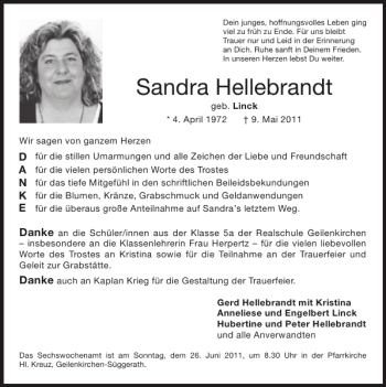 Traueranzeige von Sandra Hellebrandt von Super Sonntag / Super Mittwoch
