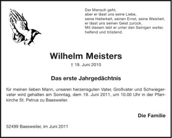 Traueranzeige von Wilhelm Meisters von Aachener Zeitung / Aachener Nachrichten