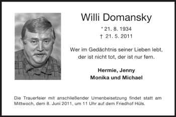 Traueranzeige von Willi Domansky von Super Sonntag / Super Mittwoch