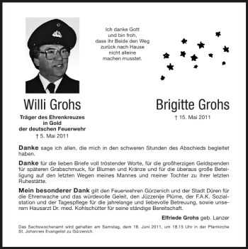 Traueranzeige von Willi Grohs Brigitte Grohs von Super Sonntag / Super Mittwoch