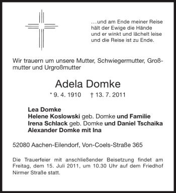 Traueranzeige von Adela Domke von Aachener Zeitung / Aachener Nachrichten