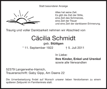 Traueranzeige von Cäcilia Schmidt von Super Sonntag / Super Mittwoch