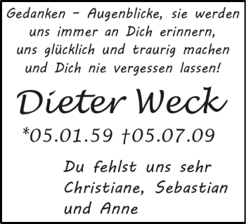 Traueranzeige von Dieter Weck von Super Sonntag / Super Mittwoch