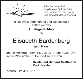 Traueranzeige von Elisabeth Bardenberg von Super Sonntag / Super Mittwoch