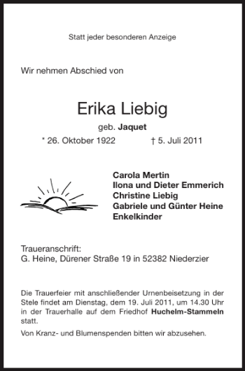 Traueranzeigen von Erika Liebig Aachen gedenkt