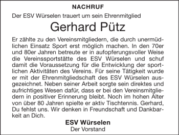 Traueranzeige von Gerhard Pütz von Super Sonntag / Super Mittwoch