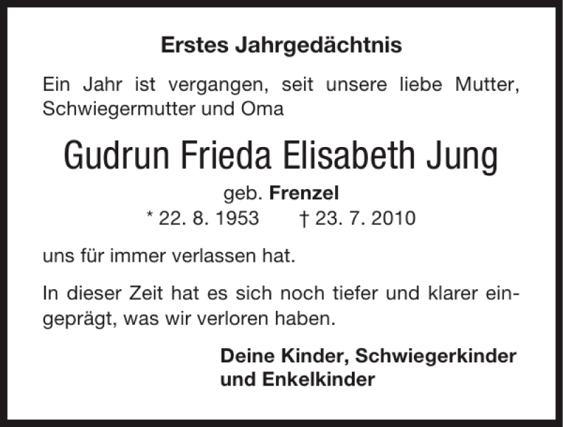 Traueranzeigen von Gudrun Frieda Elisabeth Jung Aachen gedenkt