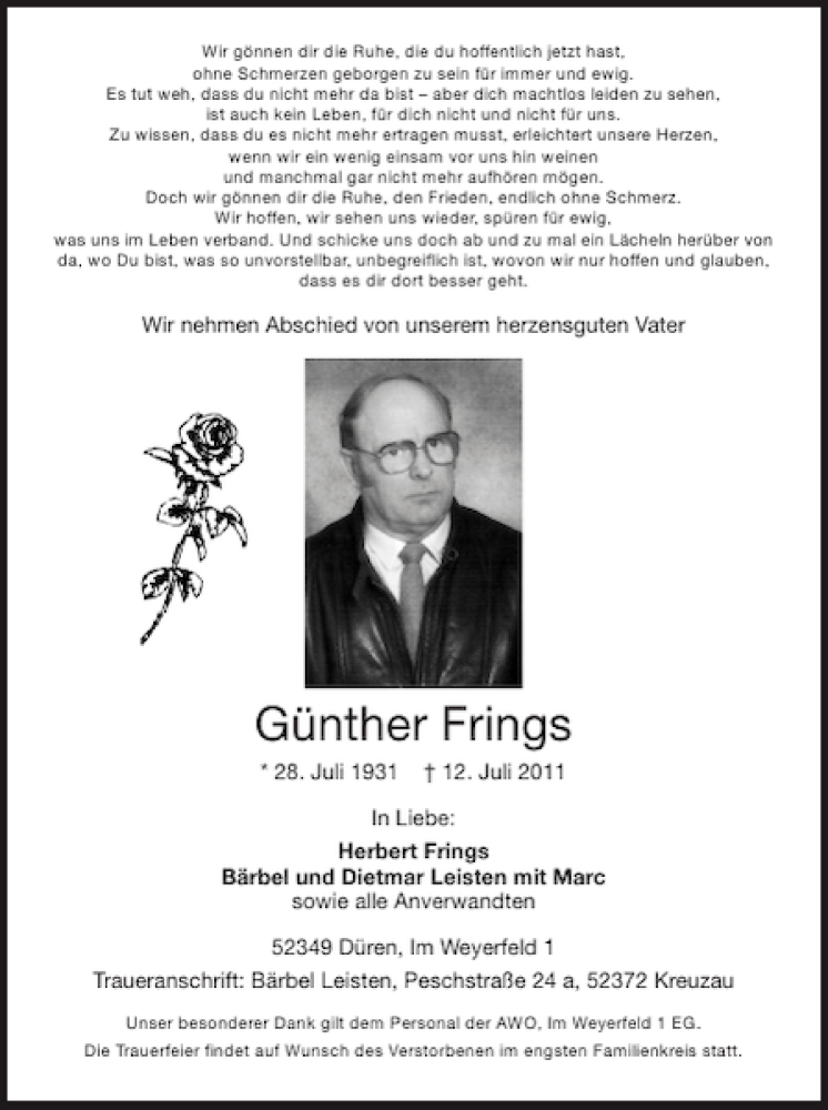  Traueranzeige für Günther Frings vom 17.07.2011 aus Super Sonntag / Super Mittwoch