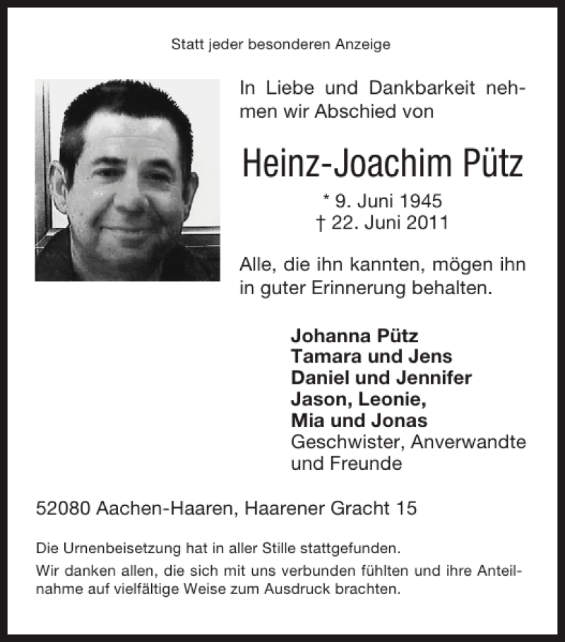  Traueranzeige für Heinz-Joachim Pütz vom 06.07.2011 aus Super Sonntag / Super Mittwoch