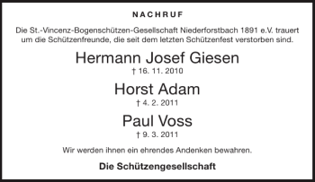 Traueranzeige von Hermann Josef Giesen Horst Adam Paul Voss  von Aachener Zeitung / Aachener Nachrichten