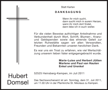 Traueranzeige von Hubert Domsel von Super Sonntag / Super Mittwoch