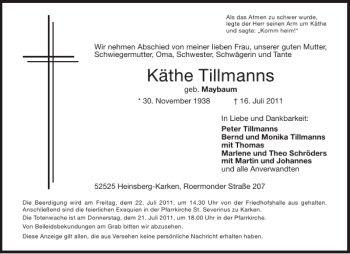Traueranzeige von Käthe Tillmanns von Aachener Zeitung / Aachener Nachrichten