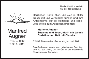 Traueranzeige von Manfred Augner von Super Sonntag / Super Mittwoch