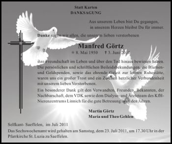 Traueranzeige von Manfred Görtz von Super Sonntag / Super Mittwoch