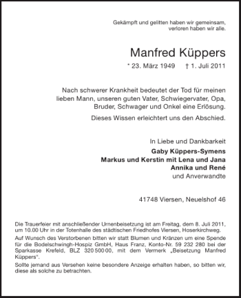Traueranzeige von Manfred Küppers von Aachener Zeitung / Aachener Nachrichten