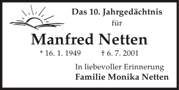 Traueranzeige von Manfred Netten von Super Sonntag / Super Mittwoch