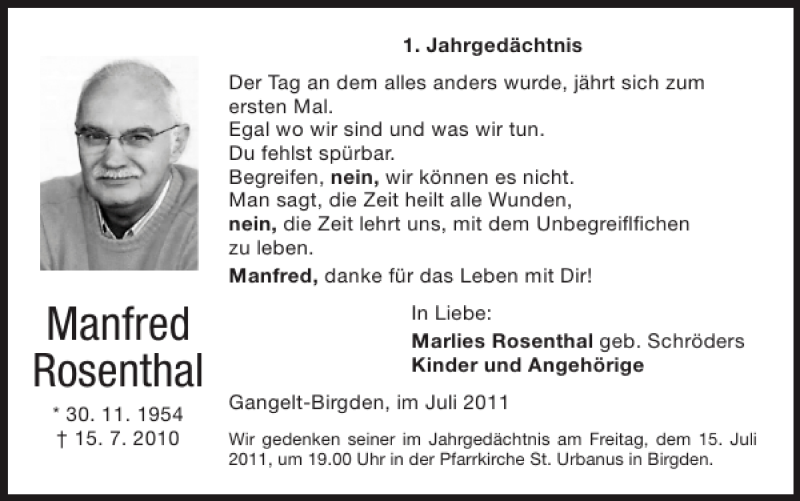  Traueranzeige für Manfred Rosenthal vom 10.07.2011 aus Super Sonntag / Super Mittwoch