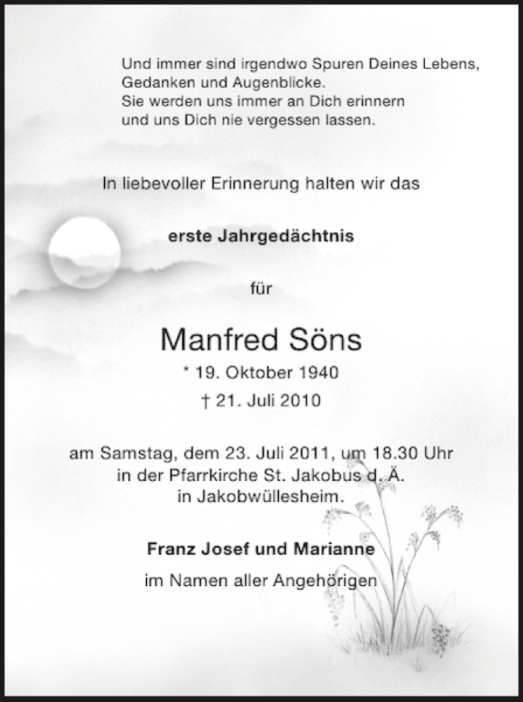  Traueranzeige für Manfred Söns vom 17.07.2011 aus Super Sonntag / Super Mittwoch
