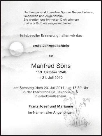 Traueranzeige von Manfred Söns von Super Sonntag / Super Mittwoch