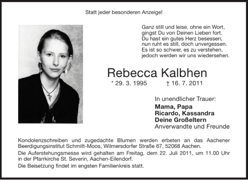  Traueranzeige für Rebecca Kalbhen vom 20.07.2011 aus Aachener Zeitung / Aachener Nachrichten