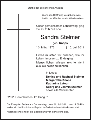 Traueranzeige von Sandra Steimer von Aachener Zeitung / Aachener Nachrichten
