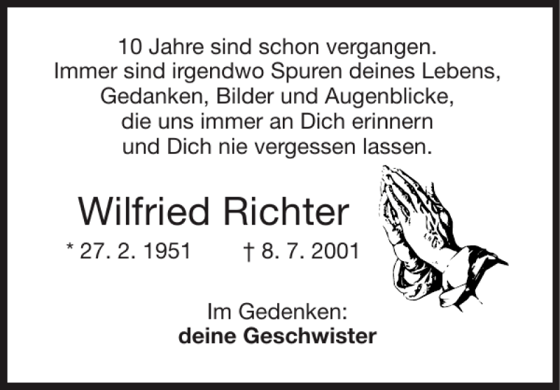  Traueranzeige für Wilfried Richter vom 03.07.2011 aus Super Sonntag / Super Mittwoch