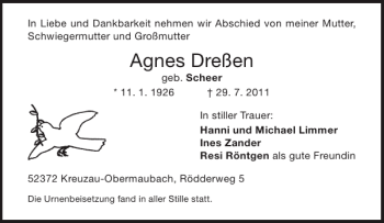 Traueranzeige von Agnes Dreßen von Aachener Zeitung / Aachener Nachrichten