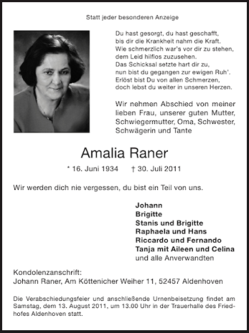 Traueranzeige von Amalia Raner von Super Sonntag / Super Mittwoch