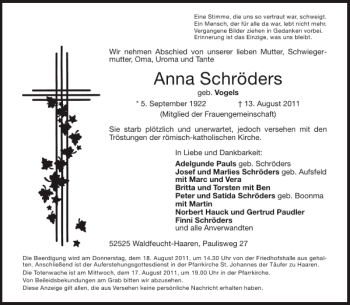 Traueranzeige von Anna Schröders von Aachener Zeitung / Aachener Nachrichten